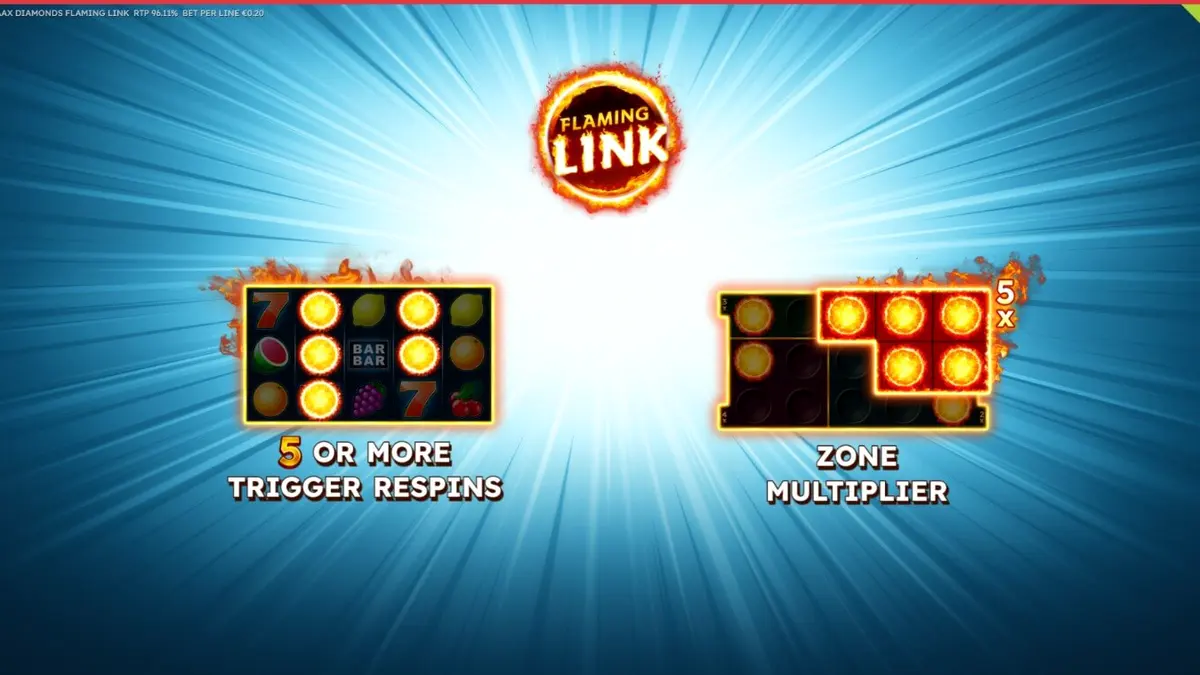 Maaax Diamonds Flaming Link slot machine interface with fiery diamond symbols