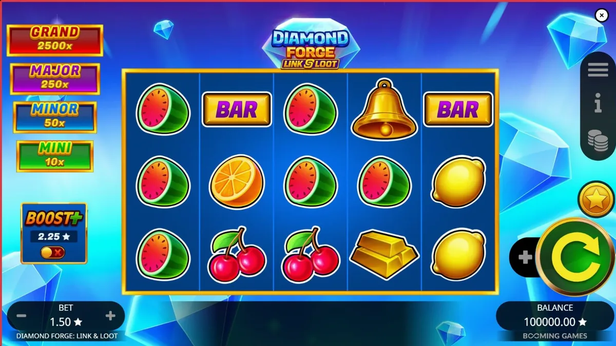Tampilan visual slot Diamond Forge Link & Loot dengan simbol buah klasik dan berlian berkilau