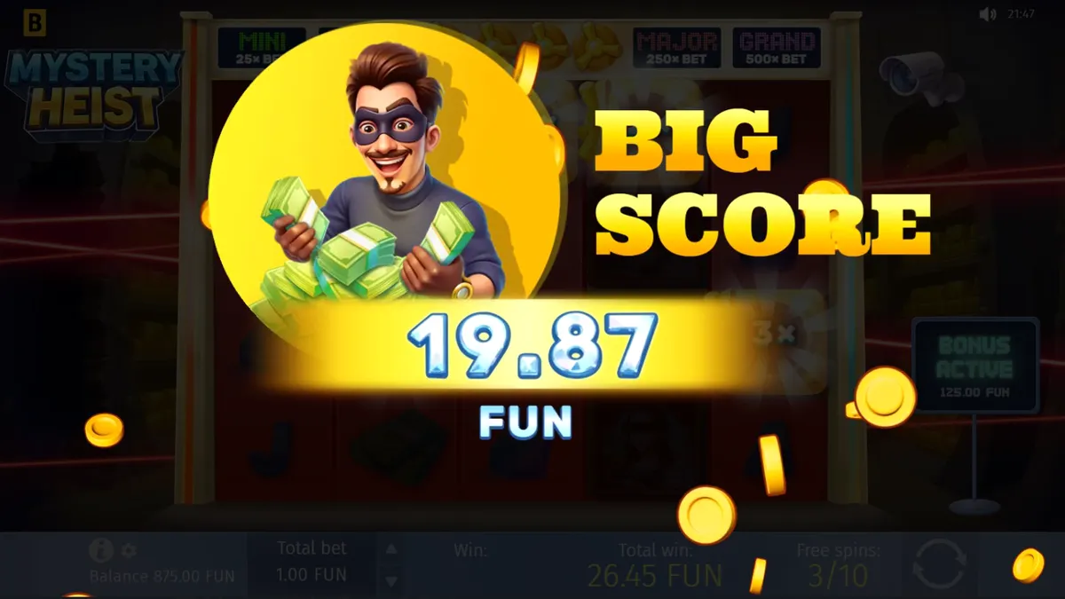 Tampilan layar permainan slot Mystery Heist dengan simbol-simbol bertema perampokan.